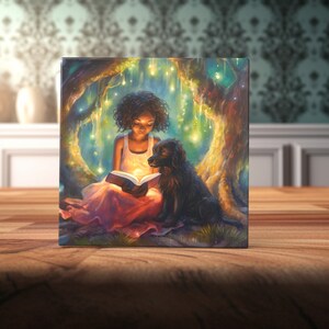 Enchanted Reading Nook Art Tile: Girl and Dog, Whimsical Home Decor