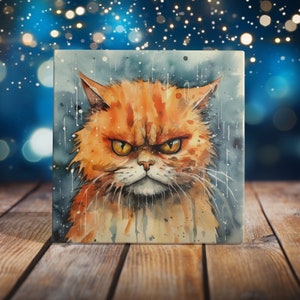Grumpy Orange Cat Watercolor Art Tile - Humorous and Expressive Decor for Cat Lovers