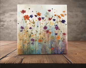 Whimsical Meadow - Vibrant Wildflower Watercolor Art Tile for Rustic Home Decor