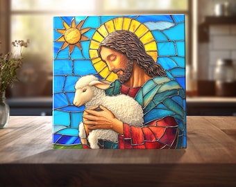 Jesus - Embrace of Peace Stained Glass-Like Ceramic Tile - Serene Pastoral Art for Home