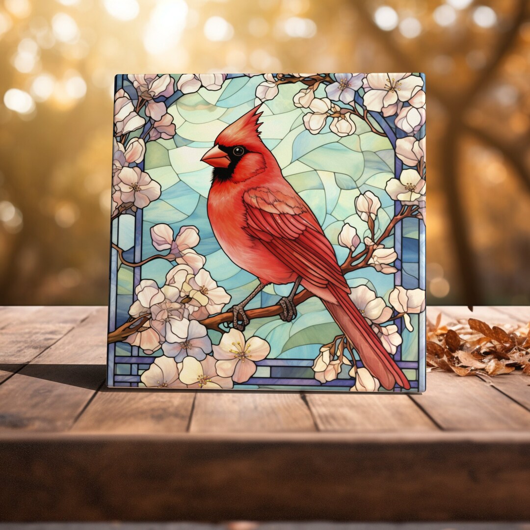 Stained Glass Splendor Cardinal Among Blossoms Art Tile for Elegant