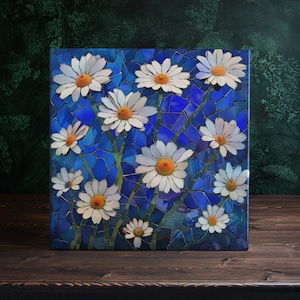 May include: A mosaic artwork featuring a cluster of white daisies with yellow centers on a blue background. The daisies are arranged in a random pattern and appear to be growing from the bottom of the canvas.