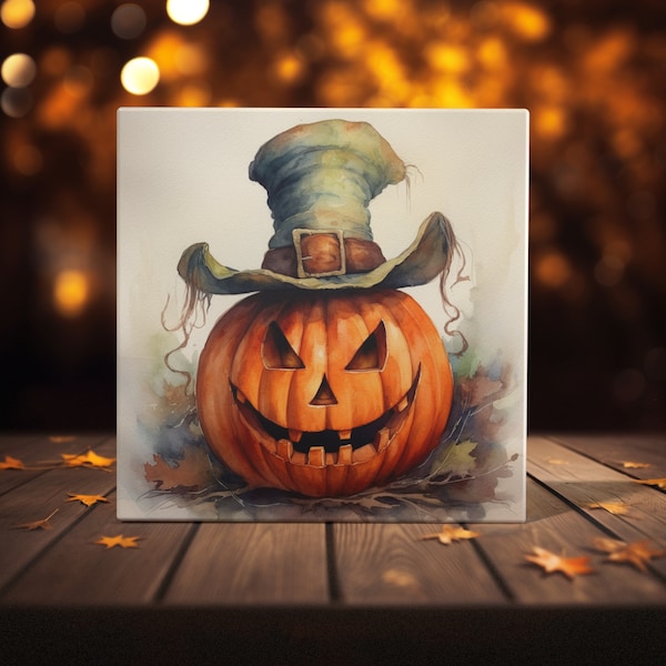 Witch's Hat Jack-o'-Lantern: Hand-Crafted Watercolor Art Tile for Spooky Home Deco