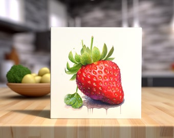 Juicy Summer Strawberry Art Tile: Luscious Berry Home Decor – Fresh Kitchen Ceramic Artwork