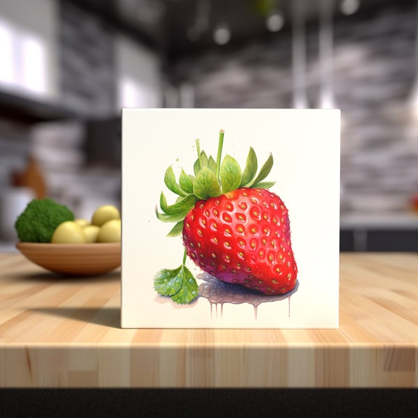 Juicy Summer Strawberry Art Tile: Luscious Berry Home Decor – Fresh Kitchen Ceramic Artwork