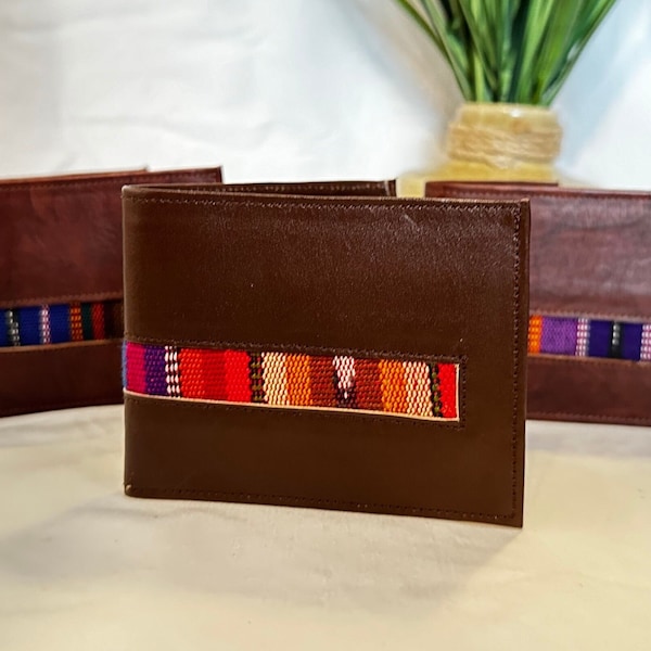 Handmade Leather Wallet w/ Guatemalan Textiles for Men gift (BROWN) Artisan vibrant colors CHRISTMAS