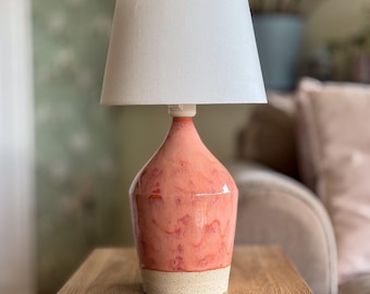 Handmade Ceramic Table Lamp – Red-Orange Glaze – Unique Artisanal Bedside Nightlight with Lampshade