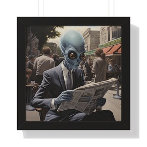 Framed Blue Alien Portrait: Business Alien Wall Art (16&quot;x16&quot;)