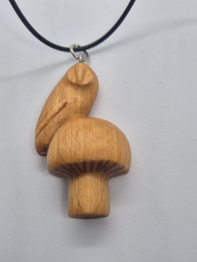 Little Owl on Mushroom wood carved pendant in seasoned Birch