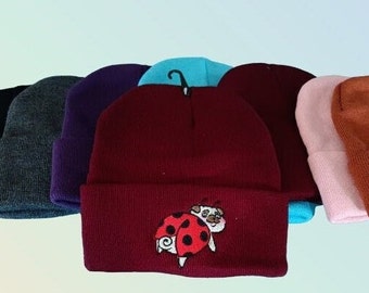 Pug Lady Bug Beanie Embroidered