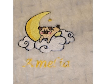 Embroidered Pug in Moon Baby Blanket