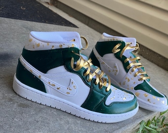 Unique Emerald Green/Gold Flakes Customs Retro 1’s