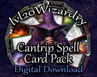 Może przedstawiać: Cyfrowy plik do pobrania zestawu 20 kart zaklęć cantrip do gry fabularnej fantasy. Karty przedstawiają czarodzieja w fioletowej szacie i kapeluszu, z tekstem "Lv20 Wizardry Cantrip Spell Card Pack Digital Download".