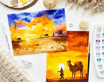 Set of 2 Watercolour Painting, Egypt, Desert, Camel, Sunset, Art, Art Decor, Home Decor, Hand Painted, Gift, Wall Art, Painting, Watercolour