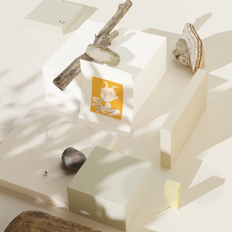 a variety of objects, including a wooden stick, a rock, and a small figurine, arranged on a white surface.