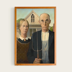 Grant Wood, American Gothic, 1930 | Exhibition Poster, Couple Portrait Gothic Wall Art Print Minimal Art Home Interior Decor, Wood Poster