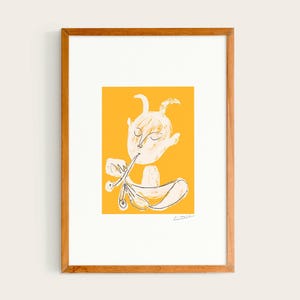 a framed illustration of a cartoon-like character with horns and a large nose, set against a bright yellow background.