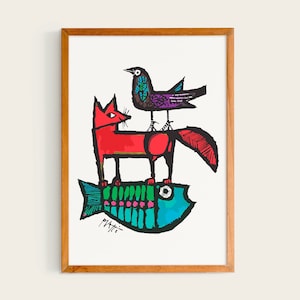 Celestino Piatti, Pescado, Zorro, Pájaro, 1968 / Piatti Print, Exposición Piatti, Arte de pared Piatti, Decoración Piatti, Arte de pared de animales, Cartel de la naturaleza