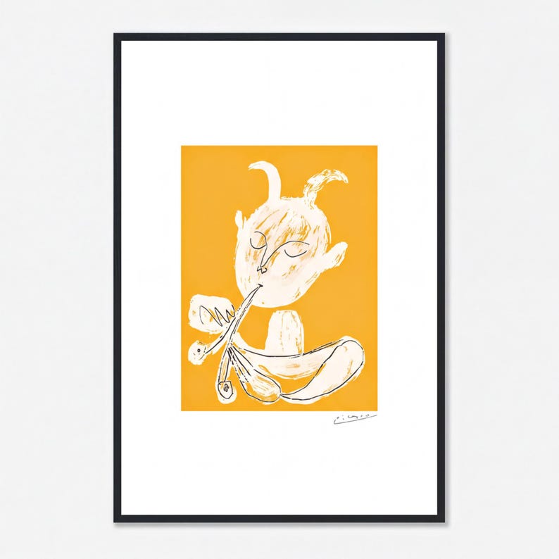 The image is a framed artwork featuring a stylized, abstract depiction of a person or character with a large nose and horns, set against a bright orange background.