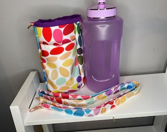 Multicolour petal water bottle holder with crossbody strap, kids drinks bottle carrier, water bottle holder, school drinks bag, travel bag