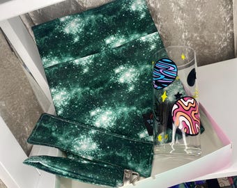 Green galaxy book sleeve gift set, padded cover for paperback and hardcover book, iPad pocket, gift for readers, padded kindle cover