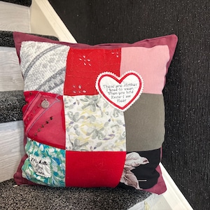 Patchwork memory cushion, keepsake cushion made from clothing, bereaved memory cushion, embroidered memory pillow, personalised gift