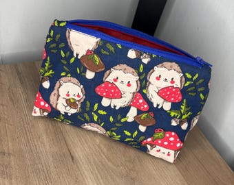 Neceser con cremallera de seta erizo azul, neceser para accesorios, botiquín, neceser de viaje, bolsa de cosméticos, neceser de aseo, estuche para lápices.