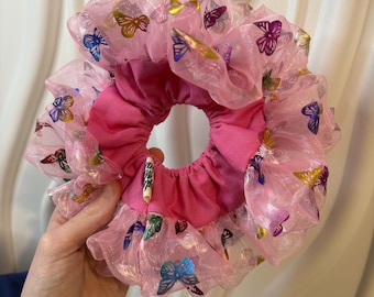 Dubbellaagse vlinderscrunchie, roze organza scrunchie met ruches, oversized coquette Y2K-haaraccessoire