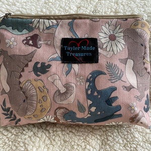 Retro style Mushroom dino makeup zipped bag, accessories bag, wash bag, medicine bag, travel makeup bag, cosmetic bag, toiletry bag, chic