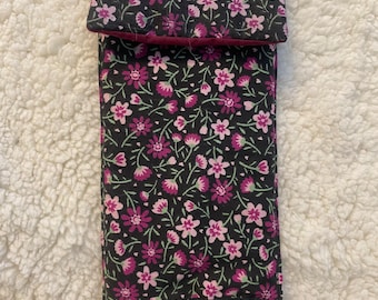Black floral glasses case, soft padded glasses case, reading glasses pouch, spectacles case, fabric glasses case, handmade fabric case