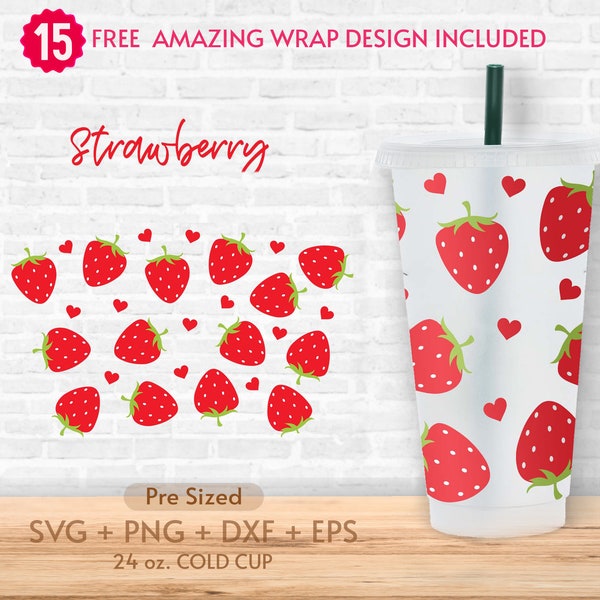 24oz Strawberry No Hole Coffee Cold Cup Svg, Strawberry Pattern, Fruit Svg, Summer Fruit Svg, Pre Sized Cold Cup, Eps Svg Dxf Png Files,Sbux