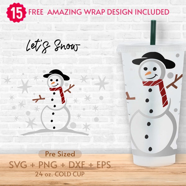 24oz Let's Snow No Hole Coffee Cold Cup Svg, Hello Winter, Snowman Svg, Christmas Svg, Snowflake, Pre Sized Cold Cup, Decal Full Wrap Svg