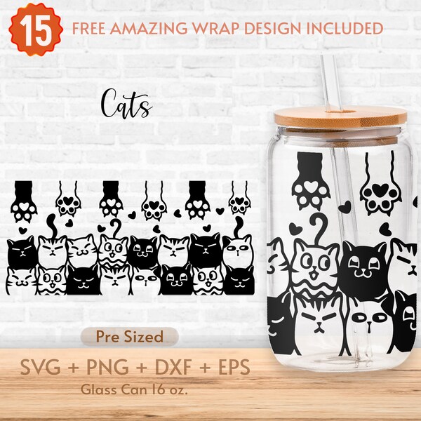 16oz Cats Libbey Glass Can Svg, Cat Mom, Cute Cat, Best Friends, Animal Lover, Cat Svg, Glass Can Full Wrap Svg, Shaped Beer Glass