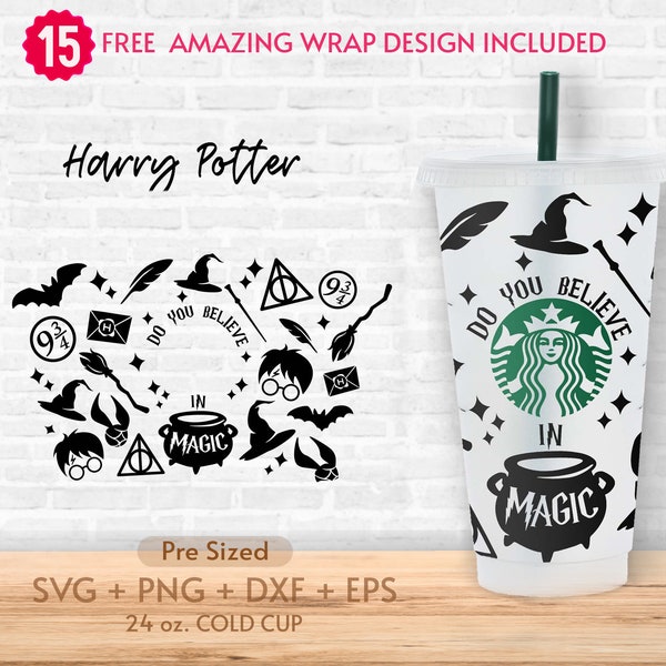 24oz Magic Wizard Coffee Cold Cup Svg, Hocus Pocus, geloof je in magie, magie, Trick or Treat, Halloween, Eps Svg Dxf Png-bestanden, Sbux