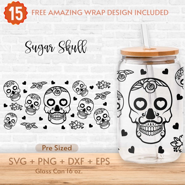 16oz Sugar Skull Libbey Glass Can Svg, Skulls Glass Can Wrap Svg, Halloween Svg, Skull, Rose, Glass Can Full Wrap Svg, Beer Glass Can Svg