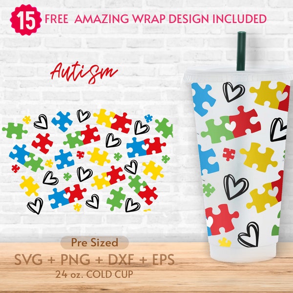 24oz Autism No Hole Coffee Cold Cup Svg, Awareness, Puzzle, Heart, Jigsaw, Venti Full Wrap Svg, Decal Full Wrap Svg, Eps Png Dxf, Sbux