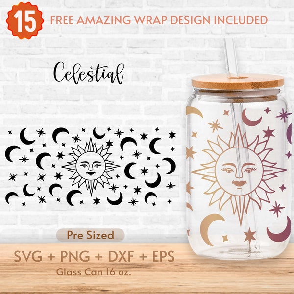 16oz Sun And Moon Libbey Glass Can Svg, Mystical Svg, Tarot Svg, Celestial Svg, Boho Svg, Glass Can Full Wrap Svg, Shaped Beer Glass