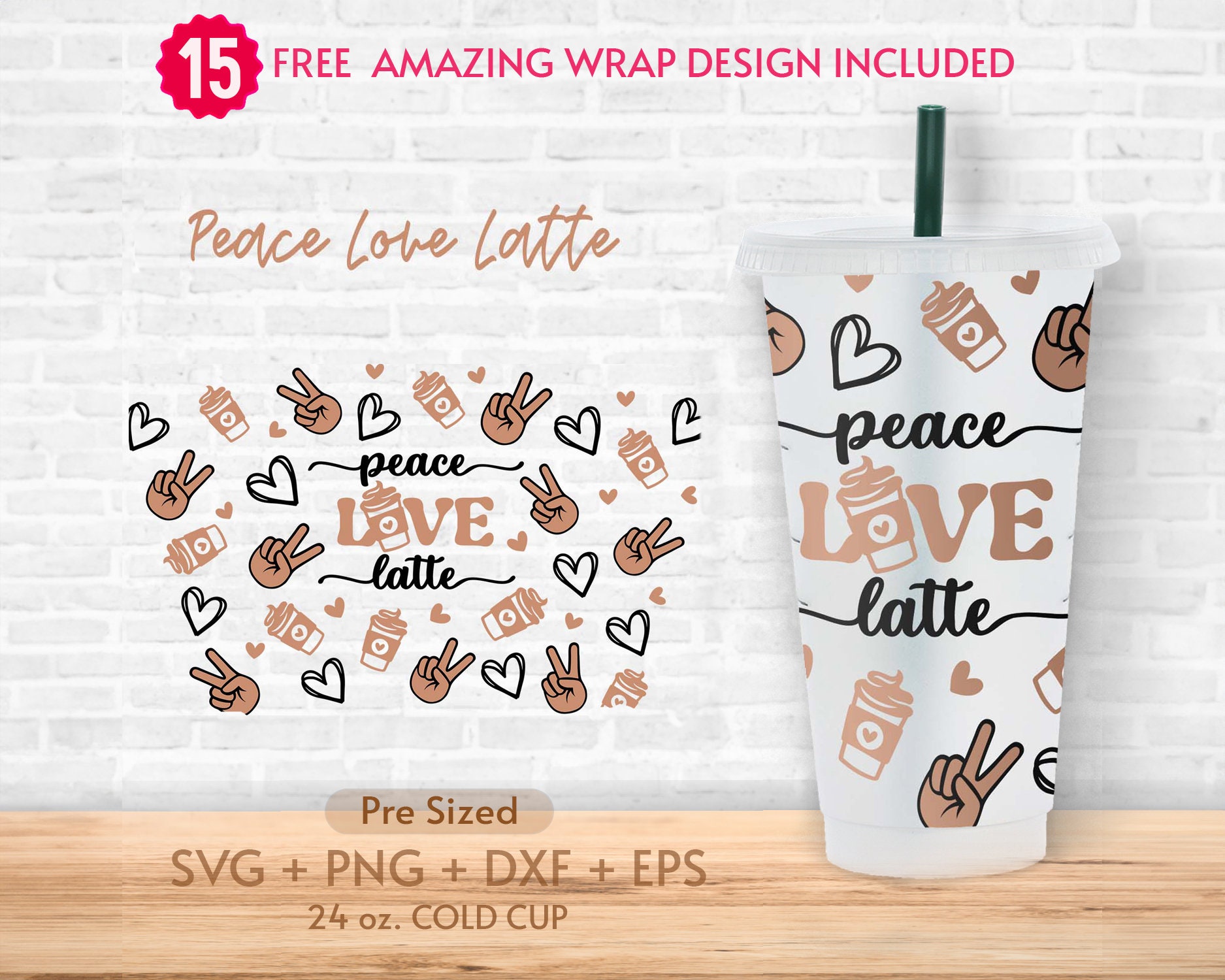 Peace Love Latte Daisy 16oz Hot Cup Tumbler Wrap SVG