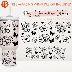 Flor con mariposas 40oz Quencher Tumbler, Floral Svg, 40oz Svg, 2 diseños Stanley Tumbler Wrap, Eps Svg Dxf Png Files, Cricut Silhouette