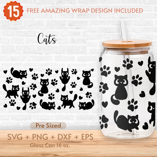 16oz Cute Cat and Paw Libbey Glass Can Svg, Cat Mom, Glass Can Full Wrap Svg, Animal Lover, Shaped Beer Glass, Svg, Png, Cricut Files