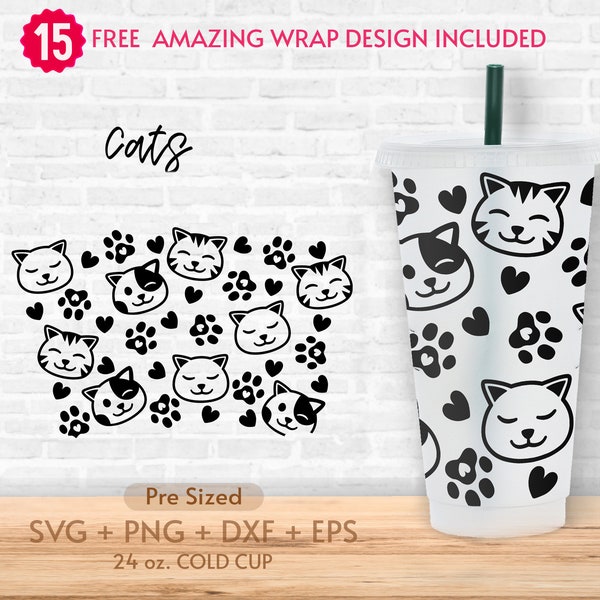 24oz Cute Cat and Paw No Hole Coffee Cold Cup Svg, Cat Mom Svg, Venti Full Wrap Svg, Mother's Day, Pre Sized Cold Cup, Png, Cricut Cut Files