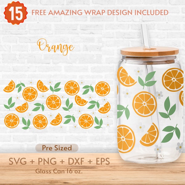 16oz Orange Libbey Glass Can Svg, Orange Glass Can Wrap Svg, Orange Fruit Green Leaf Decal, Glass Can Full Wrap Svg, Shaped Beer Glass