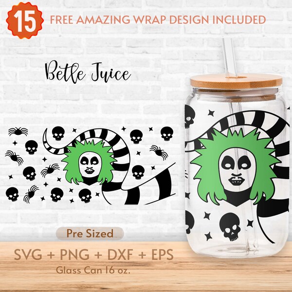 16oz Beetle Juice Libbey Glass Can Svg, Halloween Movie Svg, Sandworm Full Wrap Svg, Skull Svg, Coffee Glass Wrap, Instant Download