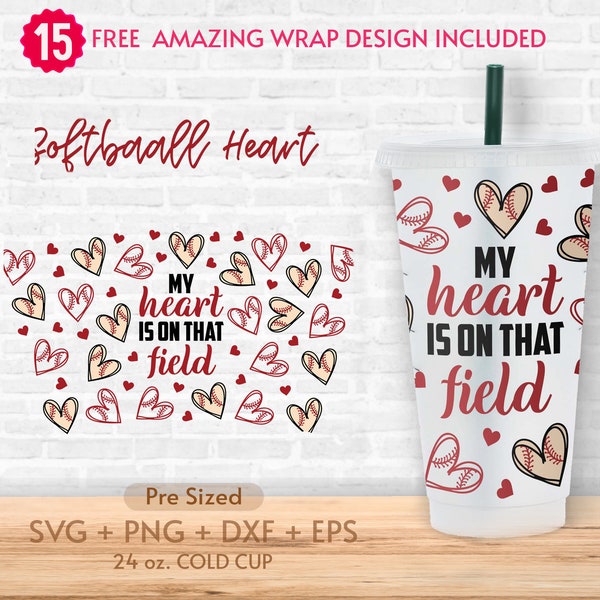 24oz My Heart Is On That Field No Hole Cold Cup Svg, Gift for Sports Moms, Softball Vibes Svg, Venti Full Wrap Svg, Cricut Silhouette, Sbux