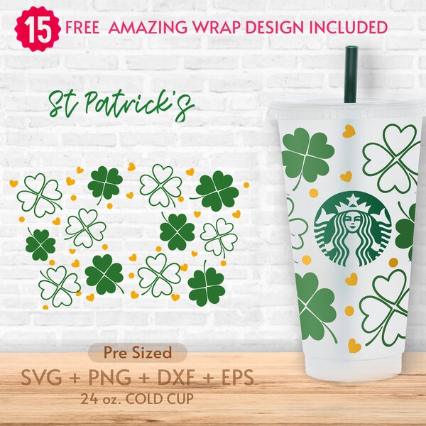 24oz St. Patrick's Day Coffee Cold Cup Svg, Four Leaf Clovers, Irish, Heart, Pre Sized Cold Cup, Cricut Cut Files, Digital Download, Png