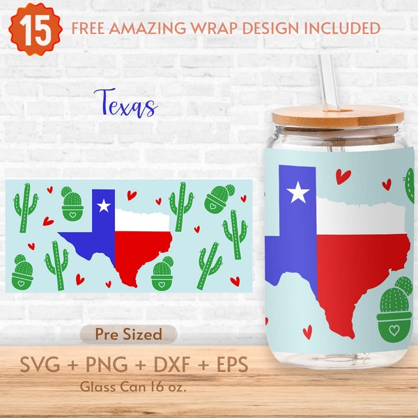 16oz Texas Libbey Glass Can Svg, Cute Tree Cactus, State Svg, Texas State Map, Desert, Cactus, Glass Can Full Wrap Svg, Shaped Beer Glass