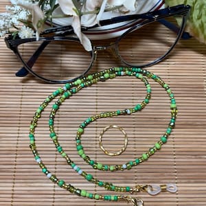 Beaded Eyeglass Chain: Green & Gold Seed Beads, 25" Long