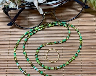 Beaded Eyeglass Chain: Green & Gold Seed Beads, 25" Long