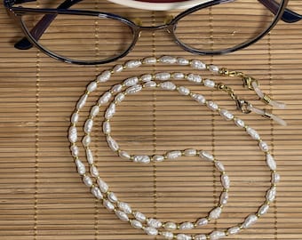 Dainty Japanese Rice Pearl Eyeglass Chain, Gold Glass Bead Detail, 25"