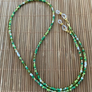 Bead chain to hold eyeglasses, small green and gold glass beads, lobster clasp, silicone grips, 25&quot; long.